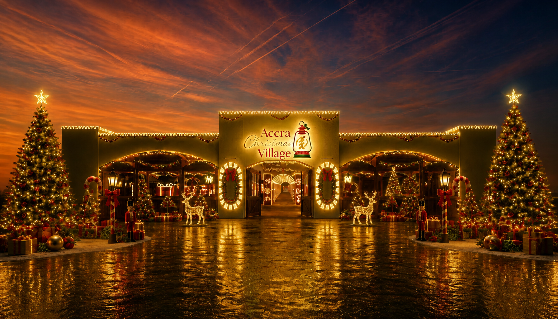 The Accra Christmas Village entrance archway lit up at dusk